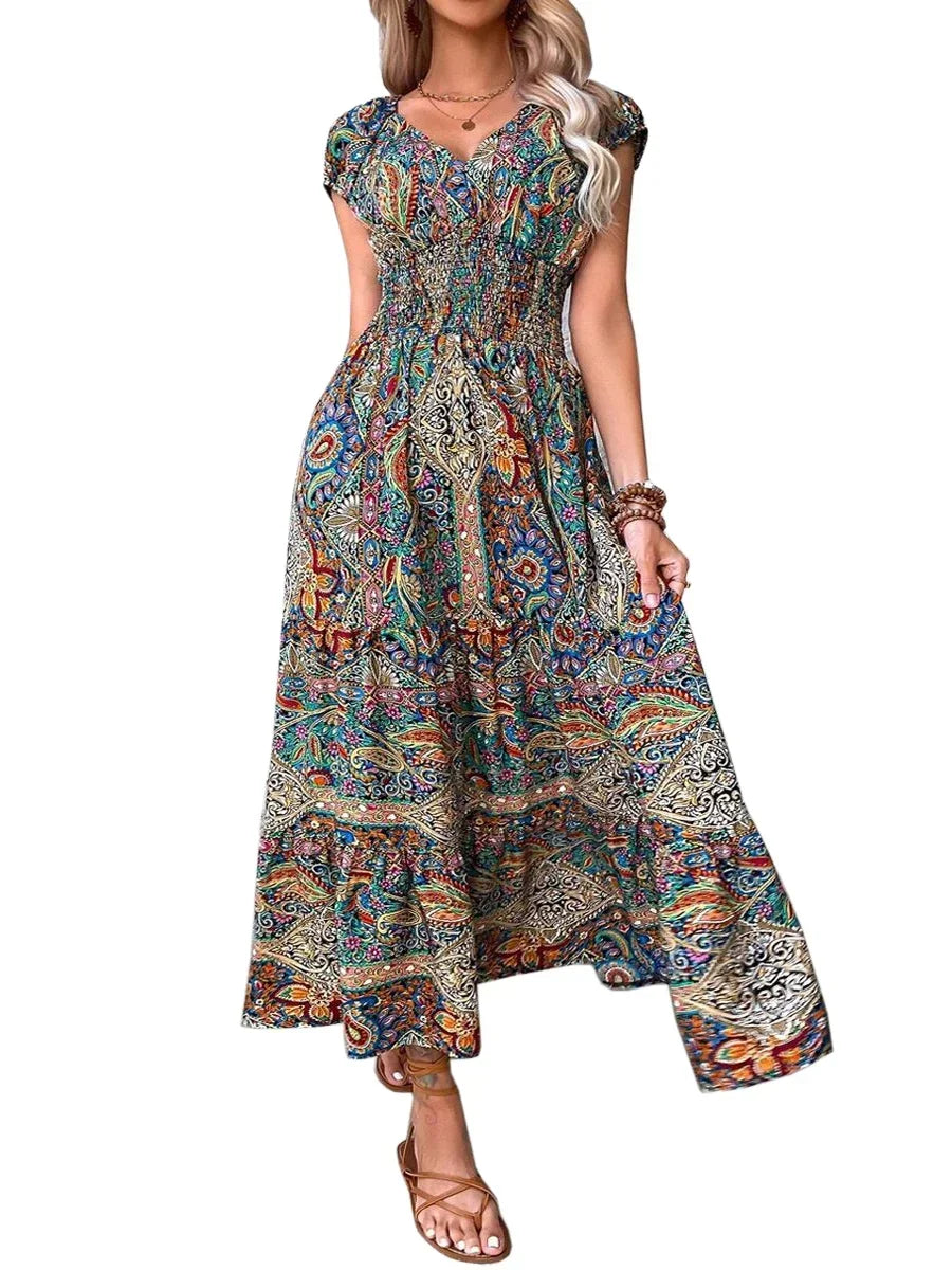 Women's vintage print maxi dress with V-neck and flowy A-line silhouette in boho Western style