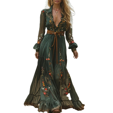 Vintage High-Waist Boho Robe Dress