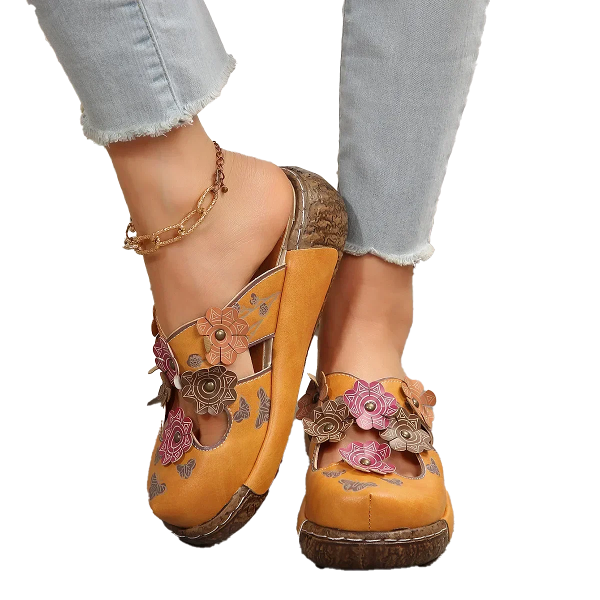 Floral Tribal Wedge Mule Slides