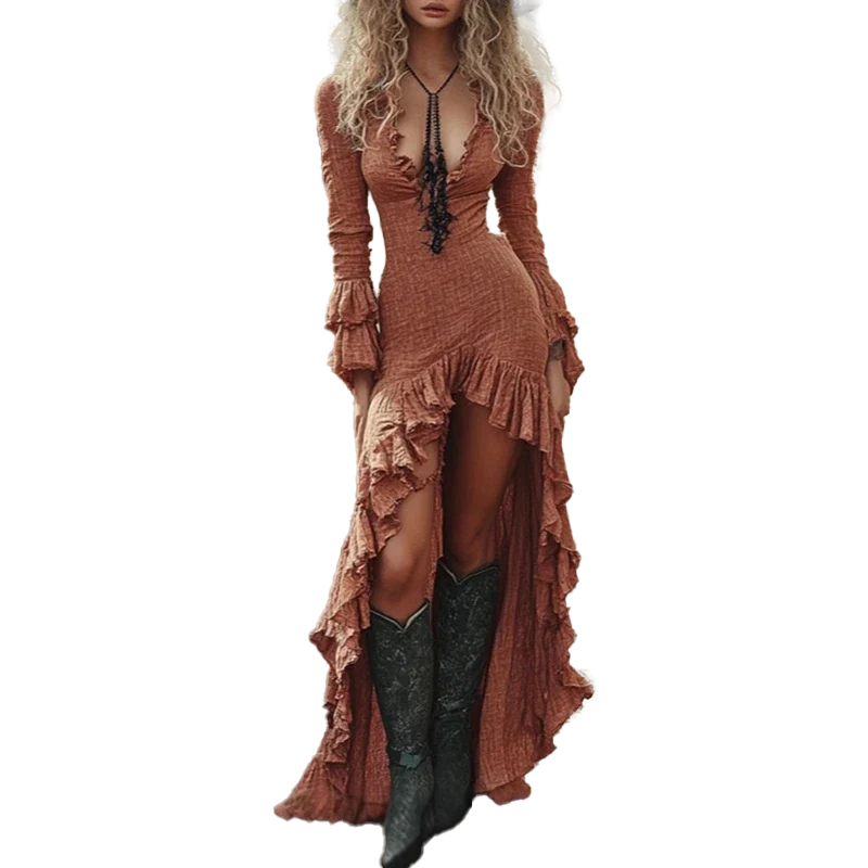 Retro Boho Ruffle Maxi Dress