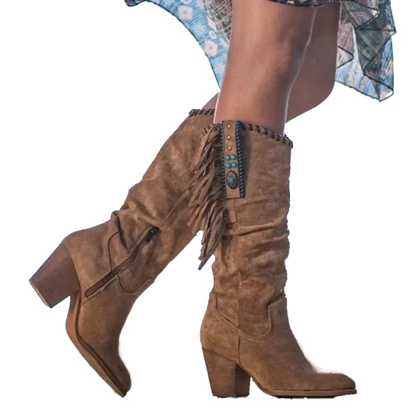 Retro Western High Heel Suede Boots