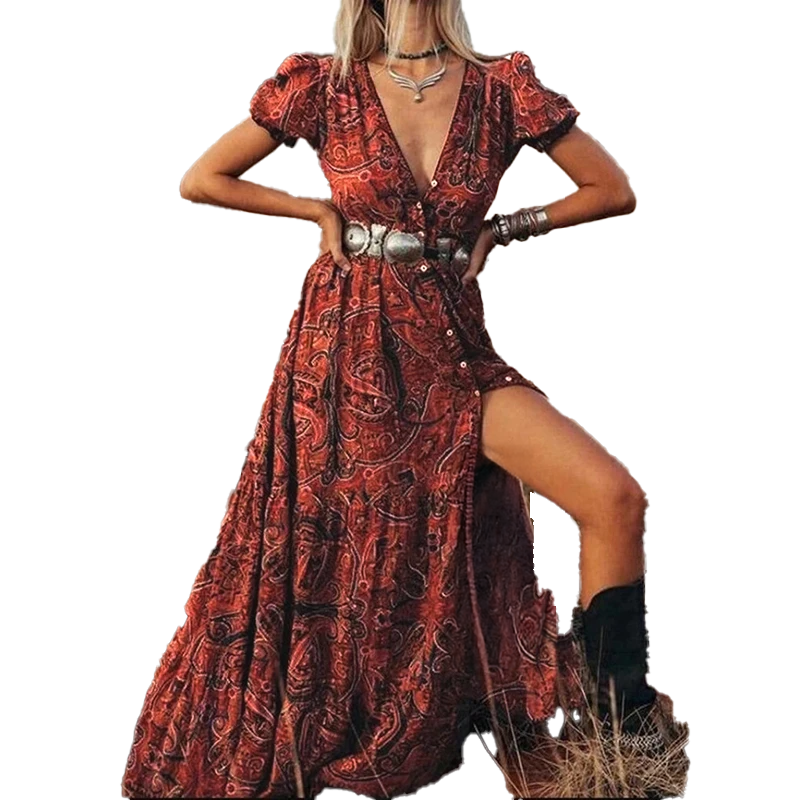 Vintage Bohemian V-Neck Maxi Dress