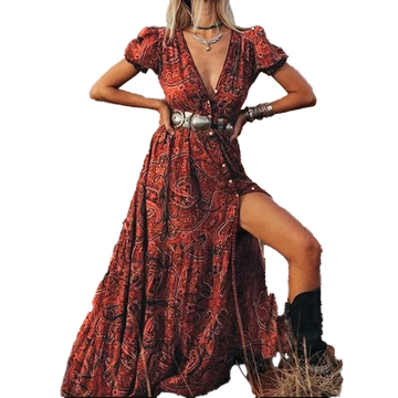 Vintage Bohemian V-Neck Maxi Dress