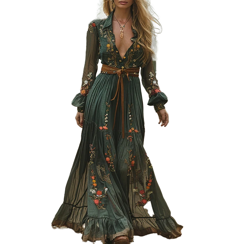 Vintage High-Waist Boho Robe Dress